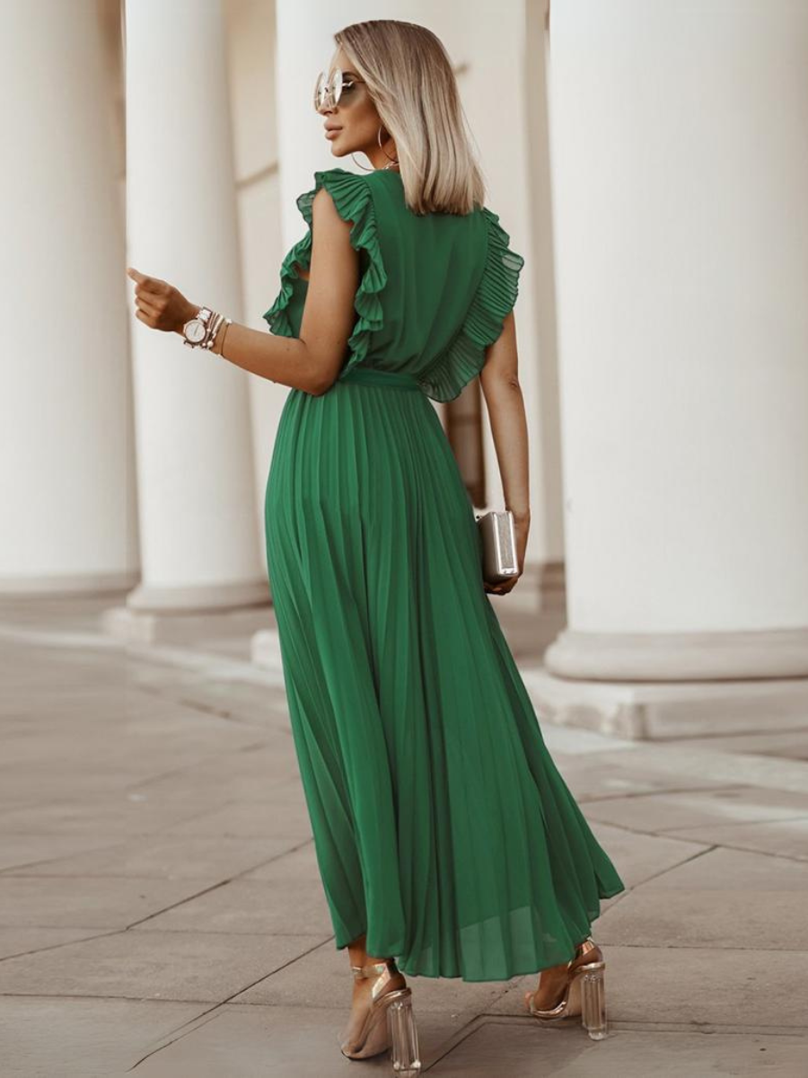 Elisha Plisse Ruffle Shoulder Midi Dress - Emerald