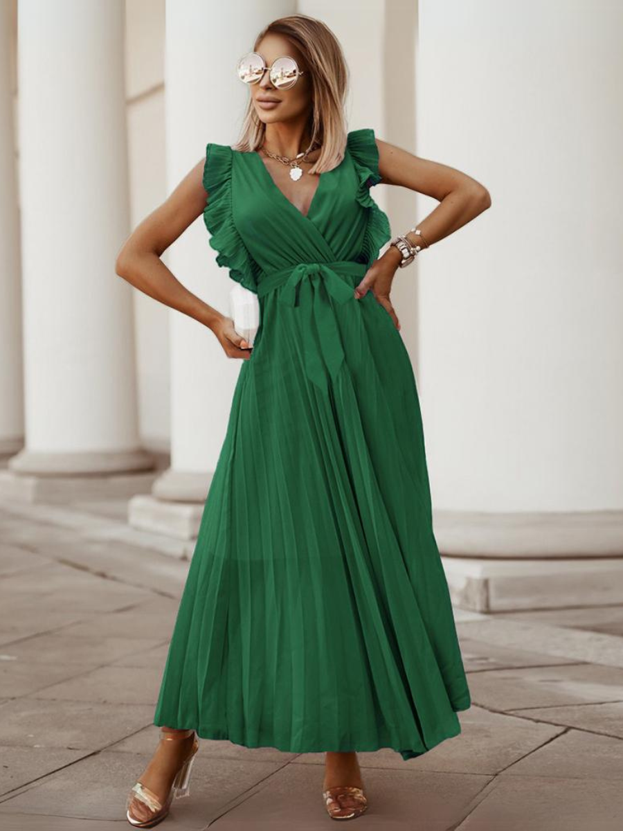 Elisha Plisse Ruffle Shoulder Midi Dress - Emerald