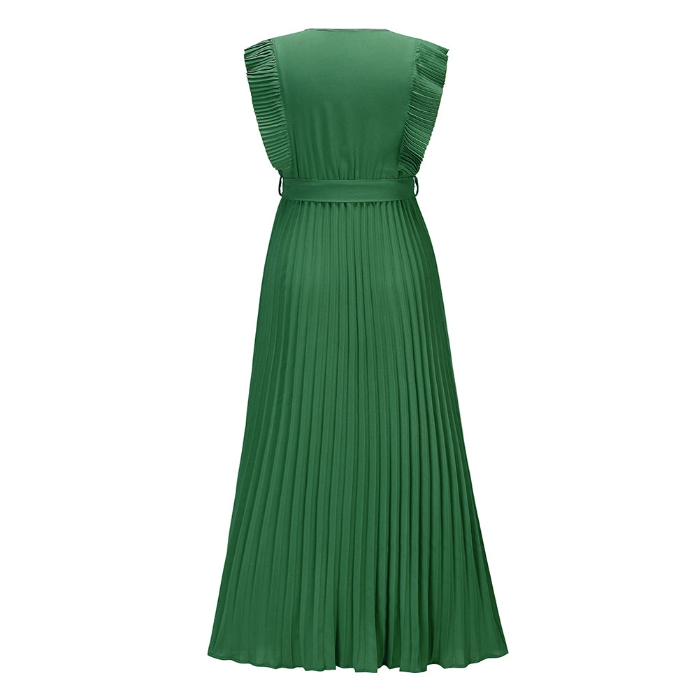 Elisha Plisse Ruffle Shoulder Midi Dress - Emerald