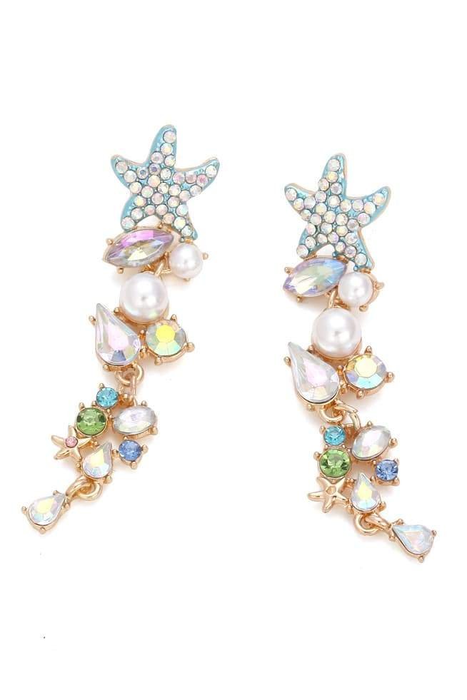 Enamel Crystal Pearl Starfish Drop Earrings