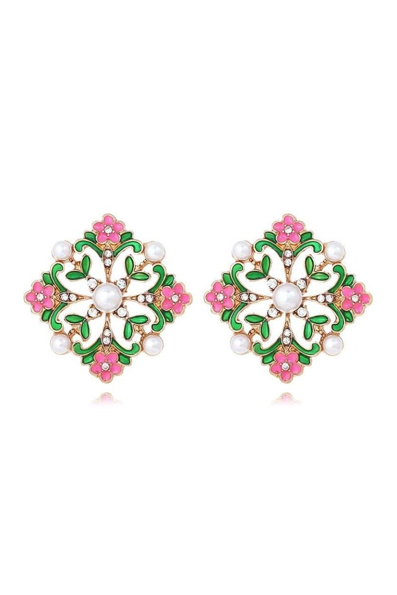 Enamel Flower Cluster Pearl Drop Earrings