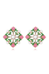 Enamel Flower Cluster Pearl Drop Earrings