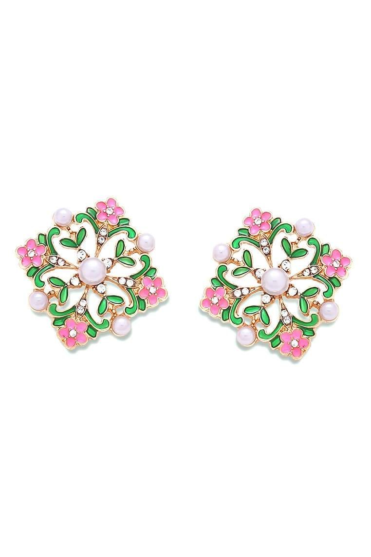 Enamel Flower Cluster Pearl Drop Earrings