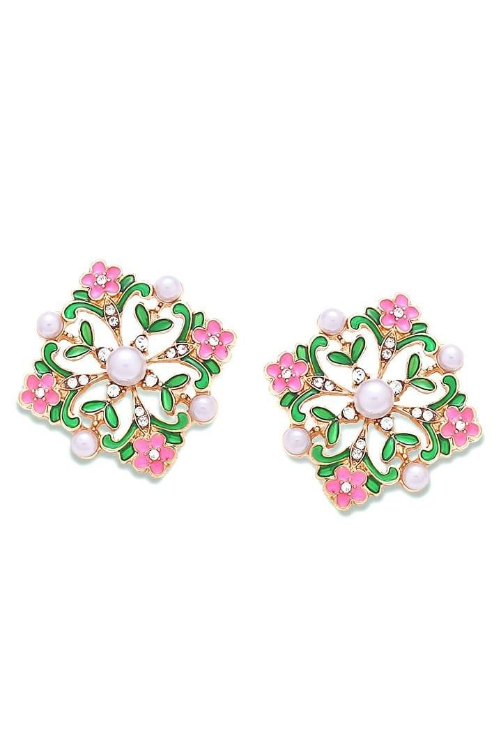 Enamel Flower Cluster Pearl Drop Earrings