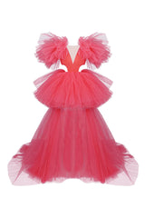 Exaggerated Ruffle Deep V Cutout High Low Tiered Tulle Dress - Hot Pink