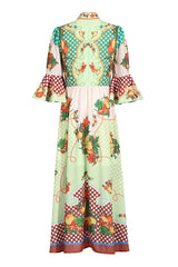 Exotic Fruit Printed Mock Neck Ruffle Half Sleeve Beach Vacation Maxi Dress