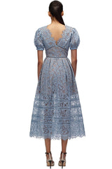 Eyelash V Neck Puff Sleeve French Lace A-Line Midi Dress - Sky Blue