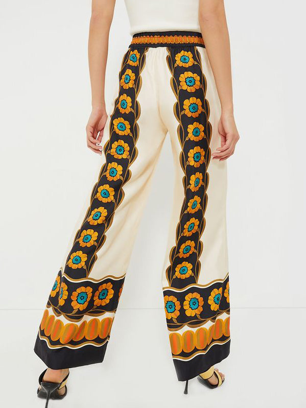 Satin Exquisite Flower Print Loose Wide-Leg Pants