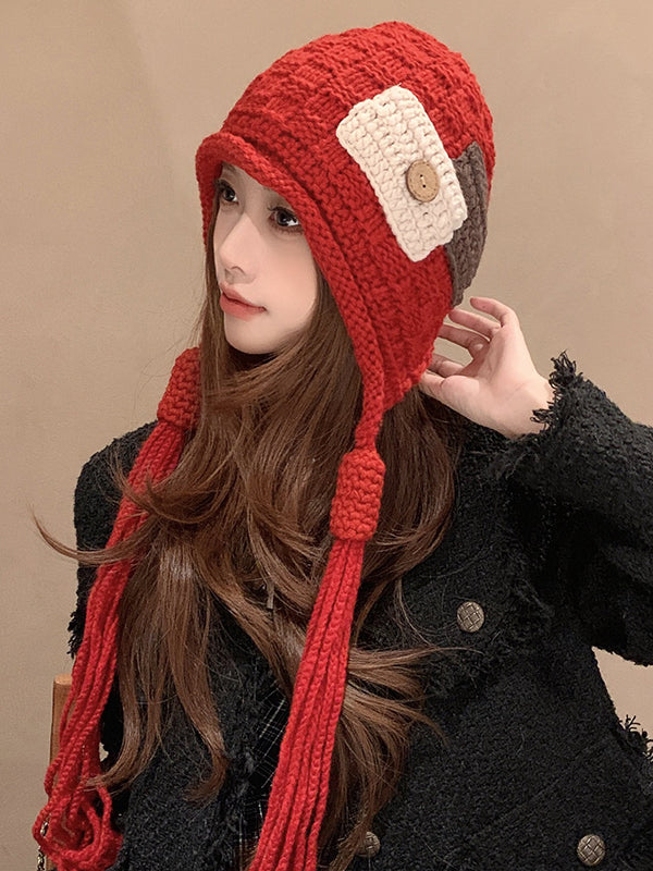 Contrast Color Solid Color Tasseled Knitted Hats