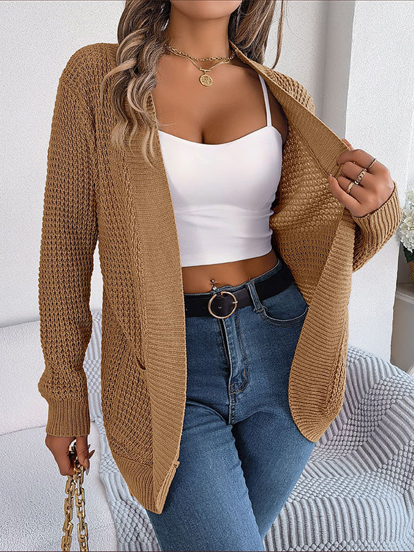 Long Sleeves Loose Pockets Solid Color Collarless Cardigan Tops