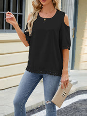 Loose Short Sleeves Solid Color Split-Joint Tasseled Cold Shoulder T-Shirts Tops