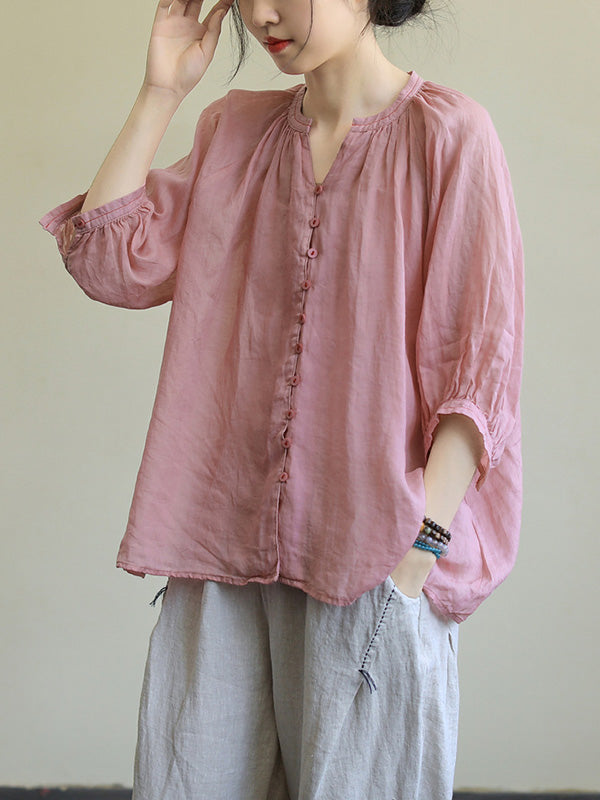 Black&Pink High-Low Half Sleeve Ramie Cotton Loose Shirt