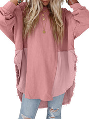 High-Low Long Sleeves Fringed Split-Joint Split-Side Round-Neck Sweatshirt Tops