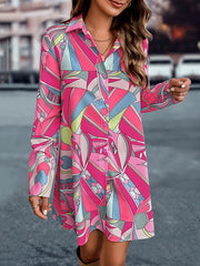 A-Line Long Sleeves Buttoned Printed Lapel Mini Dresses Shirt Dress