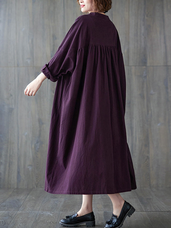 Loose Puff Sleeves Pleated Solid Color Stand Collar Midi Dresses