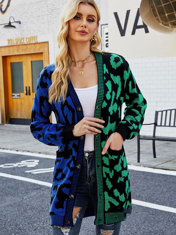 Urban Loose Long Sleeves Printed Leopard V-Neck Cardigan Tops