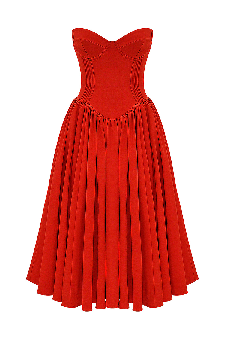 Strapless Corset Pleated Hem Prom Party Midi Dresses-Red