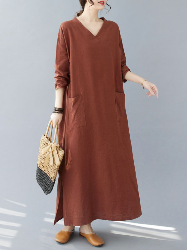 A-Line Long Sleeves Pockets Solid Color Split-Side V-Neck Maxi Dresses