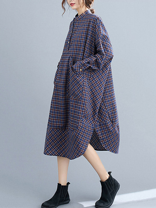 Vintage Plaid Irregularity Shirt Dresses