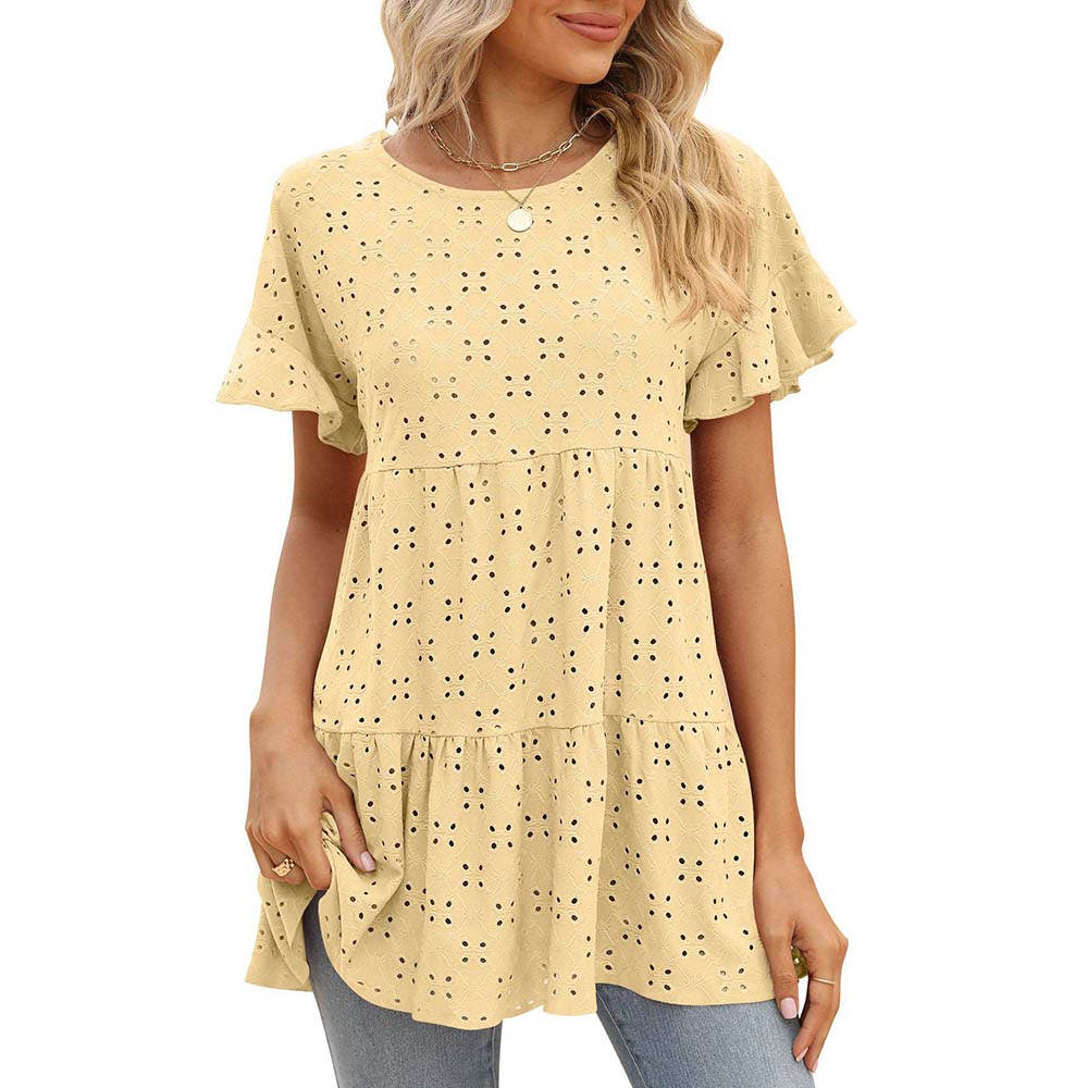 Loose Fit Crew Neck Cute Ruffle Sleeve Casual Tee Blouse