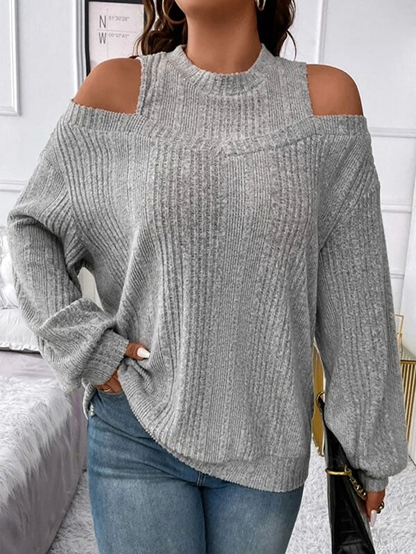 Long Sleeves Loose Hollow Solid Color Split-Joint Cold Shoulder T-Shirts Tops