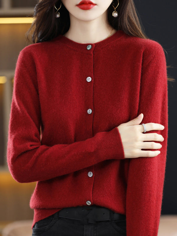 Long Sleeves Buttoned Elasticity Round-Neck Cardigan Tops Knitwear