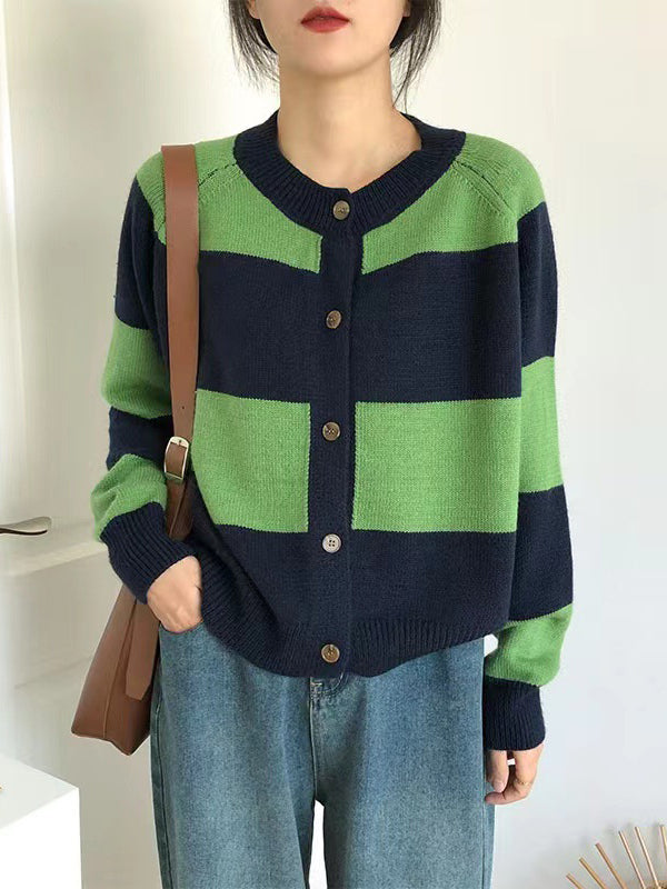 Casual Buttoned Contrast Color Striped Cardigan Tops