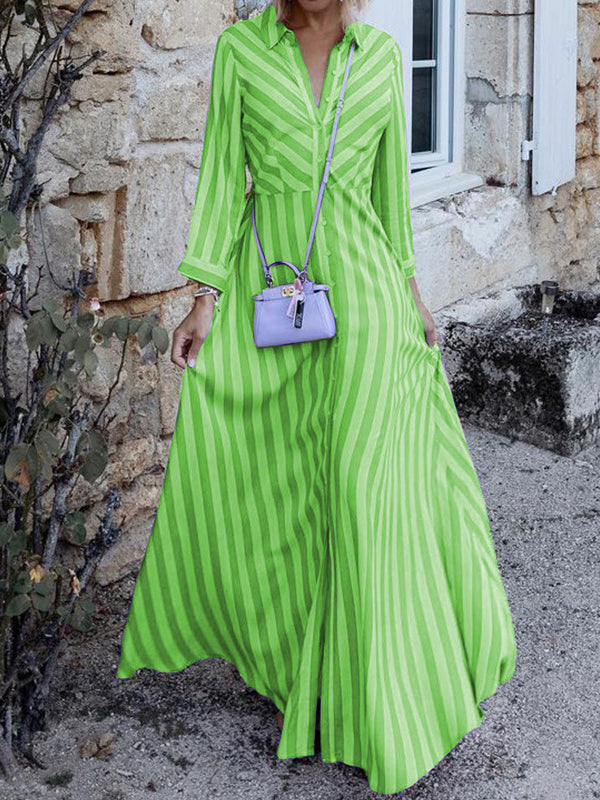 Stylish Long Sleeves Striped Lapel Collar Maxi Dresses