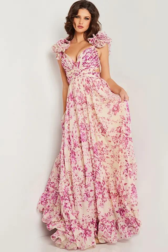 Alania Printed Ruffle Lace Up Maxi Dress