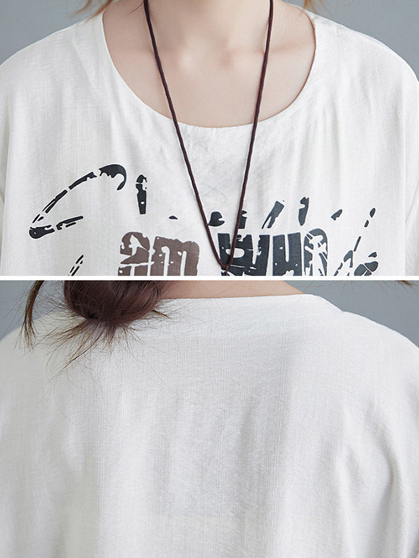 Original Letter Print Split-Joint Round-Neck T-Shirts Tops