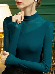 Long Sleeves Plus Size See-Through Solid Color Split-Joint Stand Collar T-Shirts