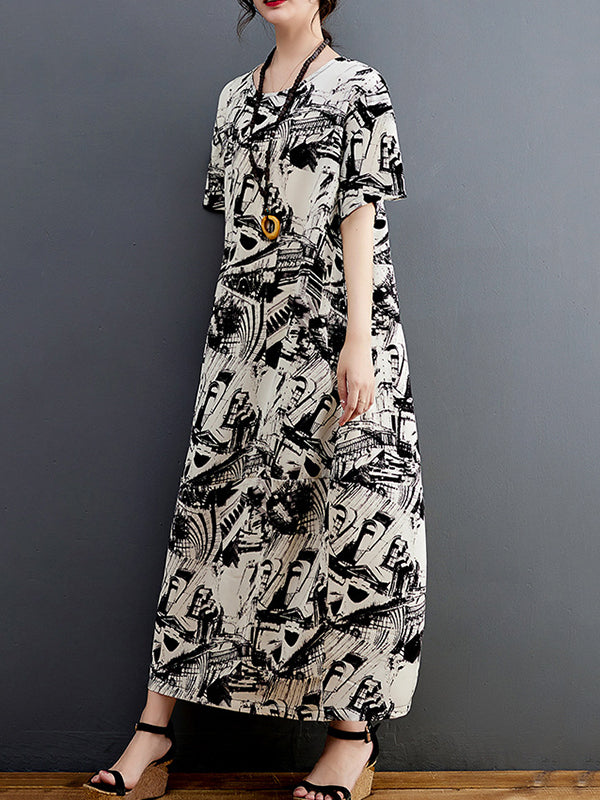 Half Sleeves Loose Abstract Printed Round-Neck Midi Dresses