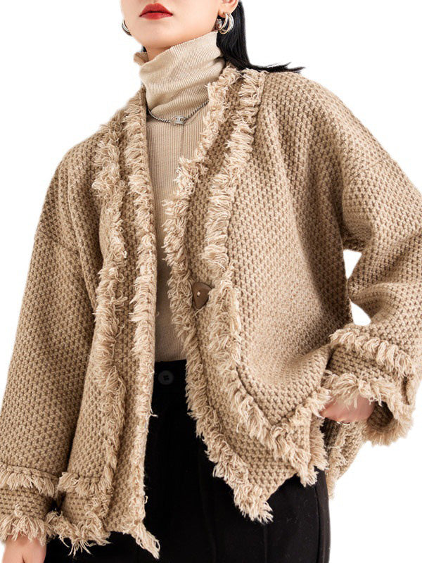 Long Sleeves Loose Buttoned Fringed Solid Color V-Neck Cardigan Tops