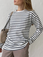 Long Sleeves Loose Striped Round-Neck T-Shirts Tops