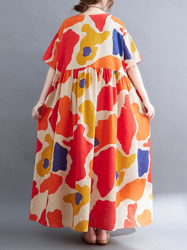 Artistic Retro Short Sleeves Loose Contrast Color Printed Round-Neck Midi Dresses