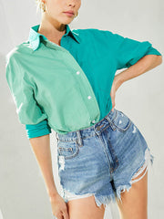 Loose Wrap Buttoned Contrast Color Lapel Blouses&Shirts Tops