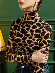 Long Sleeves Skinny Leopard High-Neck T-Shirts Tops