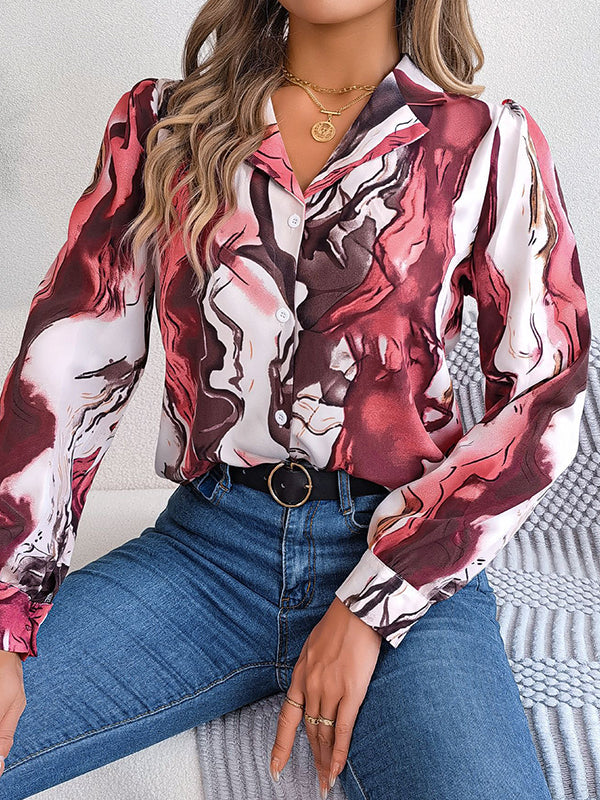 Long Sleeves Loose Buttoned Printed Notched Collar Blouses&Shirts Tops