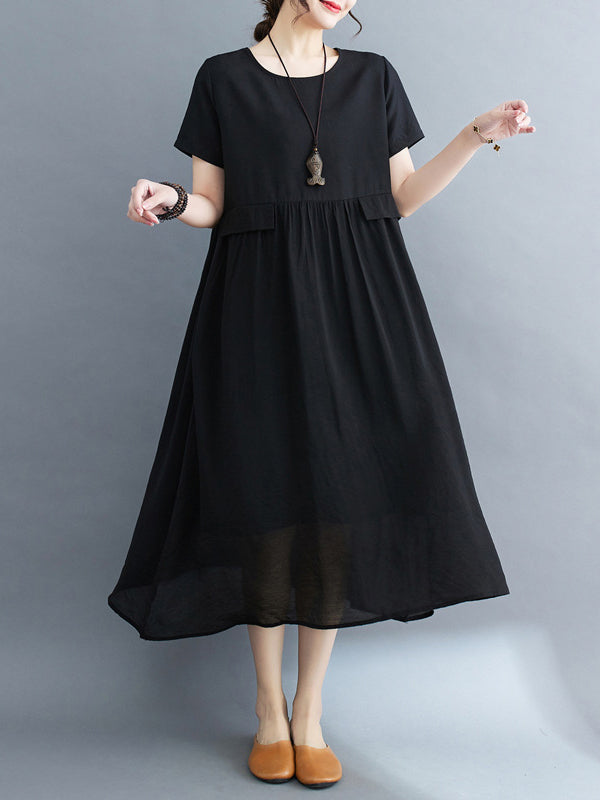 Loose Short Sleeves Gauze Solid Color Split-Joint Round-Neck Midi Dresses