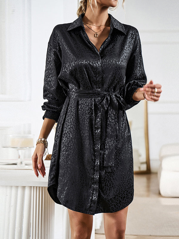 Long Sleeves Loose Buttoned Leopard Tied Waist Lapel Mini Dresses Shirt Dress