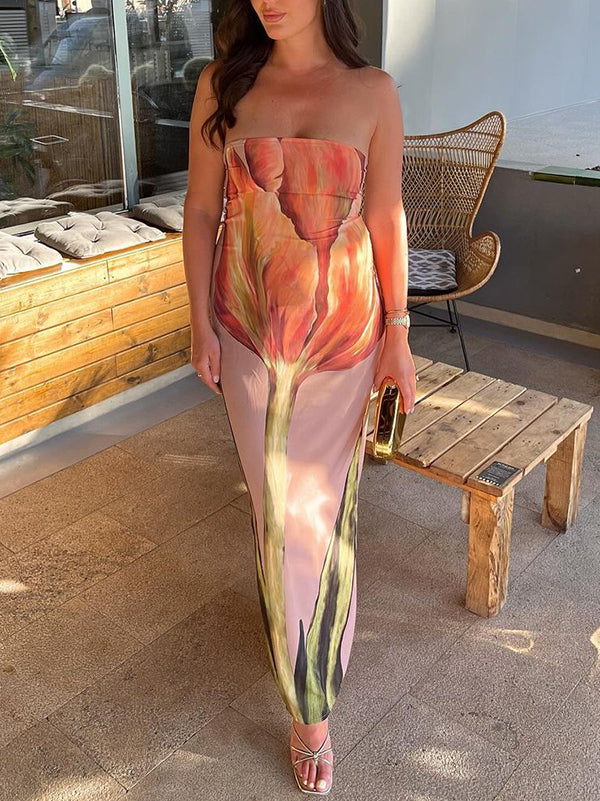 Bodycon Sleeveless Flower Print Split-Back Tube Maxi Dresses