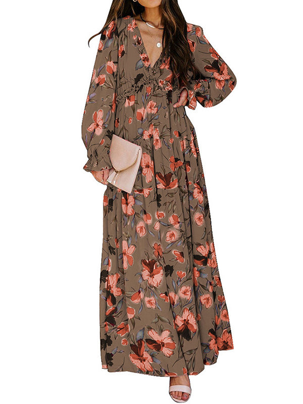 High Waisted Long Sleeves Flower Print Pleated Ruffled V-Neck Maxi Dresses