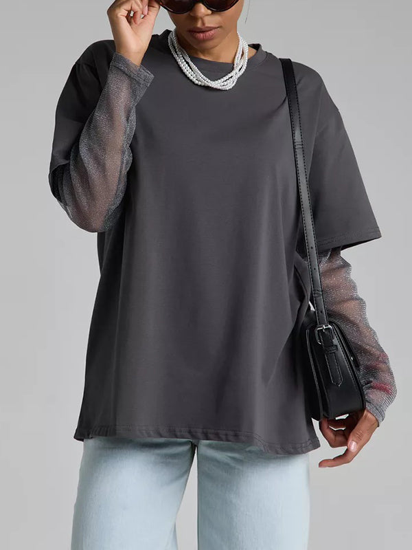 False Two Loose See-Through Split-Joint Sun Protection Round-Neck T-Shirts