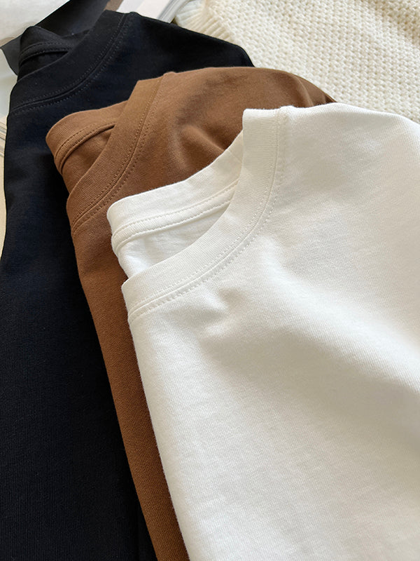 Long Sleeves Loose Solid Color Round-Neck T-Shirts Tops