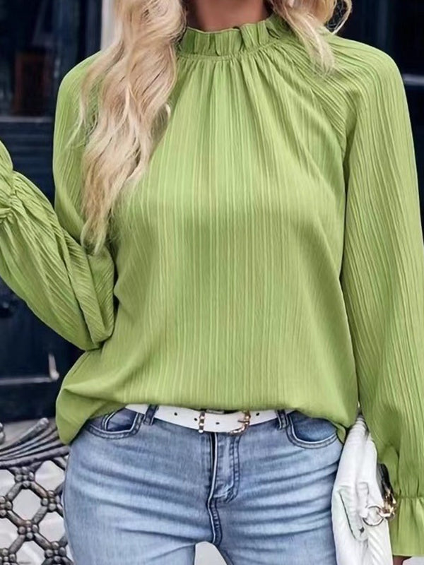 Flared Sleeves Long Sleeves Elasticity Pleated Solid Color Mock Neck Blouses&Shirts Tops