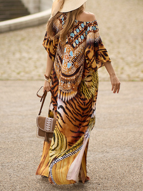 Batwing Sleeves Loose Printed Split-Side Tiger Skin Pattern V-Neck Beach Cover-Up Maxi Dresses