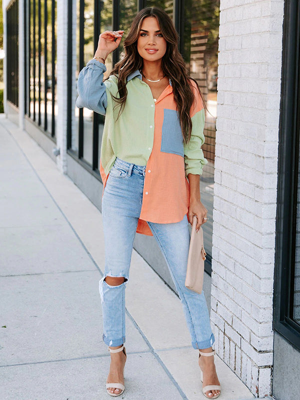 Casual Long Sleeves Contrast Color Split-Joint Lapel Blouses