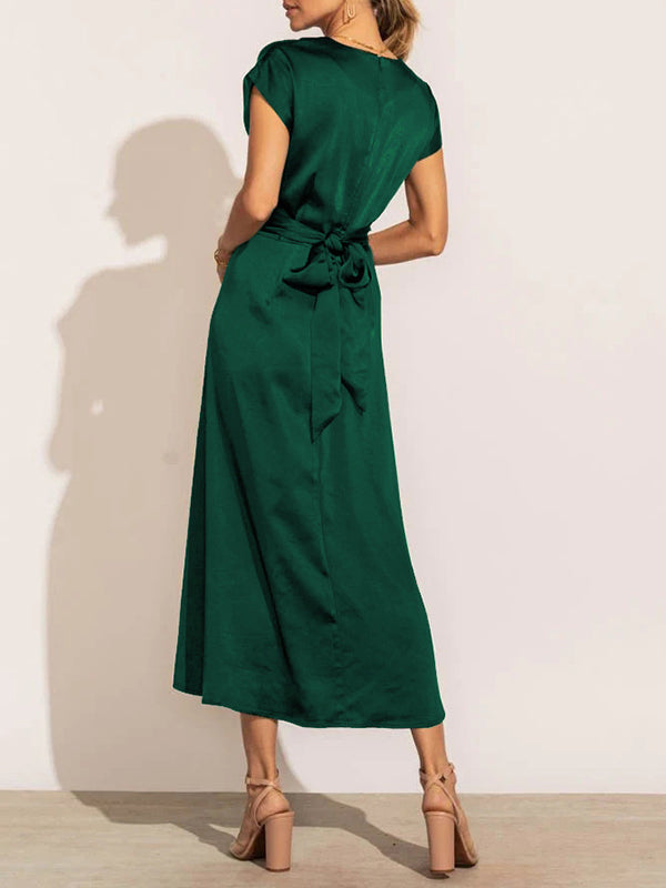 Loose Short Sleeves Solid Color Split-Joint Tied Waist Round-Neck Midi Dresses