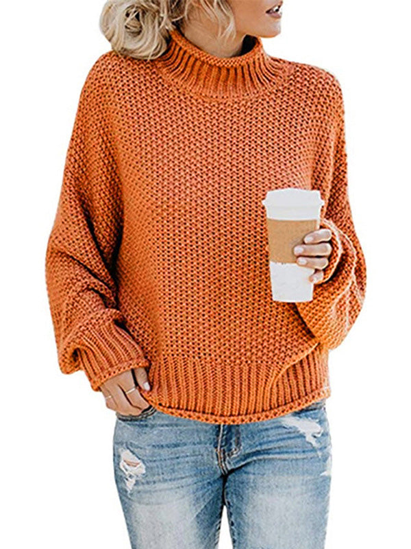 Casual Long Sleeves Solid Color High-Neck Sweater Tops