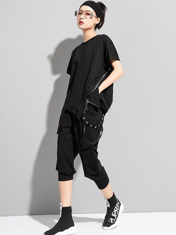 Stylish Irregular Zipper Split-Joint Black T-Shirt Top